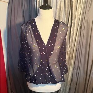 Polka Dot Sheer Navy Cross-Front Blouse